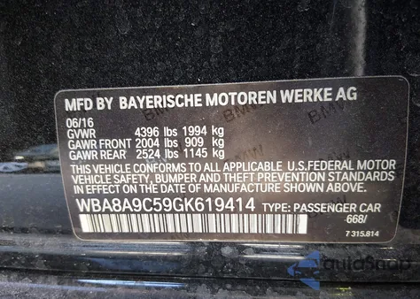 2016 BMW 320I from USA, damaged, VIN WBA8A9C59GK619414